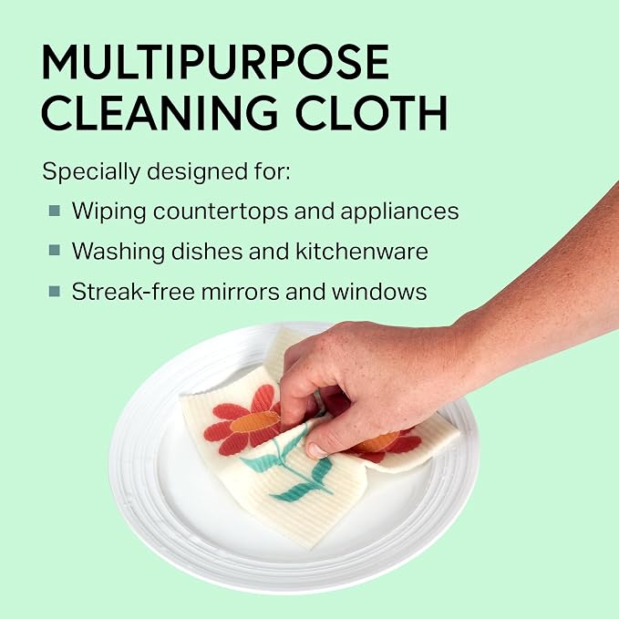 Swedish Wholesale Dishcloths Reusable 8" x 7" Sponge Cloths, Bulk 10 Pack of High Absorbent Cellulose Dish & Kitchen Cleaning Hand Towels, Wring to Dry & Machine Wash, Odor Resistant, Red Flower