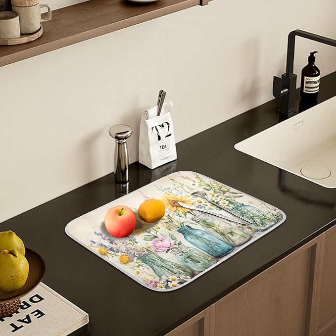 Spring Summer Floral Jars Flowers Dish Drying Mat for Kitchen Counter Absorbent Microfiber Large Drying Pad Dish Mats for Kitchen Countertops 18 x 24 Inch