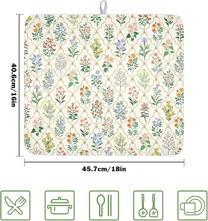 Floral Dish Drying Mat for Kitchen Counter Spring Summer Wild Flowers Diamond Pattern Microfiber Dish Drainer Mat Rustic Absorbent Washable Drying Pad 16"x18"