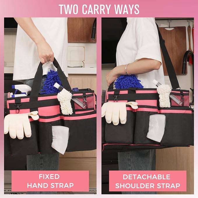 SCAVATA Wearable Cleaning Caddy, Cleaning Caddy Supplies Organizer with Handle & Shoulder Straps for Housekeepers, Under Sink & Car Cleaning Tool Organizers Bag with 4 Foldable Divider (OleanderRed)