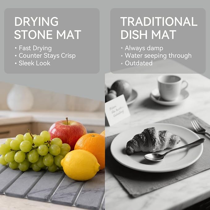 Stone Drying Mat for Kitchen Counter, 24"(L)×16"(W), Drying Matt Kitchen Counter, Quick Dry Stone Dishes Mats, Foldable Diatomaceous Earth Mat (Dark Gray)