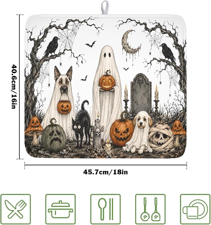 Halloween Ghost Dish Drying Mat for Kitchen Counter Spooky Pumpkins Dog Cat Crow Pattern Microfiber Dish Drainer Mat Vintage Holiday Absorbent Washable Drying Pad 16"x18"