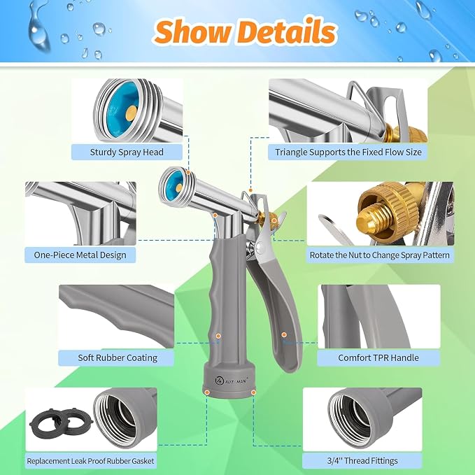 AUTOMAN Full Size Garden Hose Nozzle 4 Pack, High Pressure Pistol Grip Water Nozzle Sprayer with Threaded Front, Adjustable Spray Water Flow for Washing Car, Cleaning Ground, Watering Plants