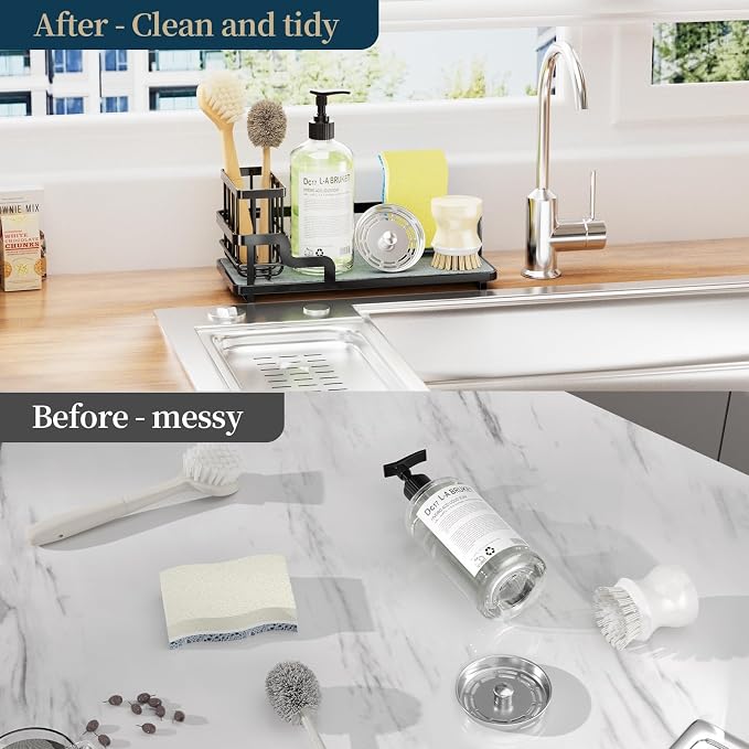 Consumest Sponge Holder for Kitchen Sink - Sink Caddy Organizer with Water Absorbing Stone Tray, Detachable Brush Holder, Stainless Steel Kitchen Counter Organizer Rack, Black