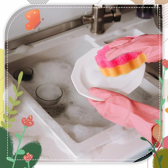 FillTouch 3 Pcs Dual Sided Scrub Sponge Multi Functional Cute Temperature Sensitive Non Scratch Dish Sponge for Washing Dishes Kitchen Bathroom(Flower,Pink)
