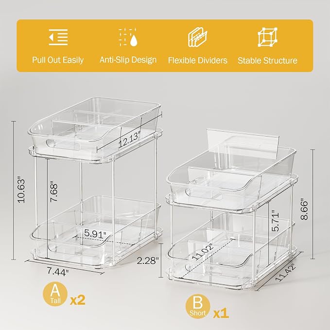 Delamu 2-Tier Under Sink Organizers and Storage, Multi-Purpose Stackable Bathroom Cabinet organizers, Pull Out Kitchen Pantry Organization and Storage with Dividers(3 Pack, Clear)