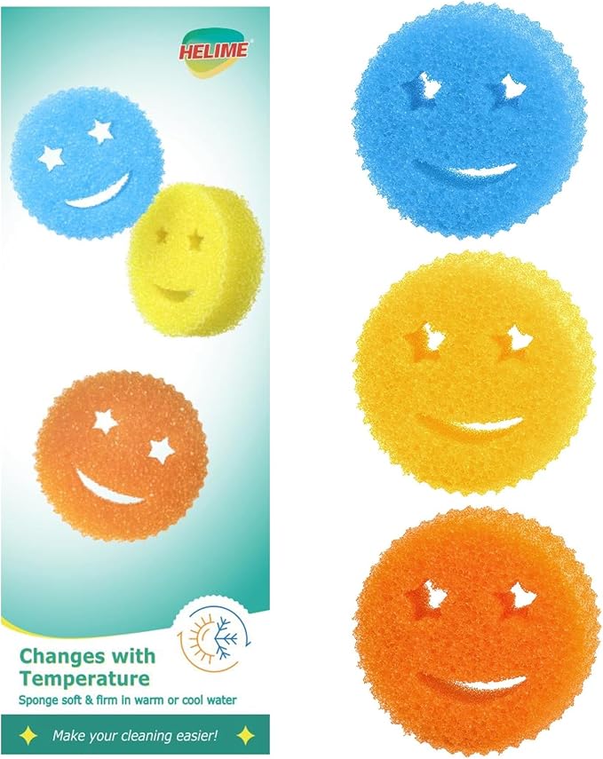 Dish Scrub Sponges, Non-Scratch Temperature Controlled Smiley Color Sponge | Scrubber Dishwasher Safe for Household Cleaning, Kitchen, Bathroom, Stain Odor Resistant Polymer Multi-Functional Bulk Pads