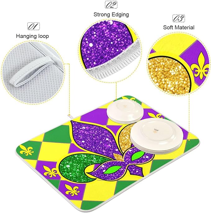 Mardi Gras Fleur De Lis Dish Drying Mat 18 X 24 Inch Rhombus Carnival Mask Absorbent Microfiber Dry Dishes Pads Tableware Mats Protector for Kitchen Countertops Counter Home Decorations