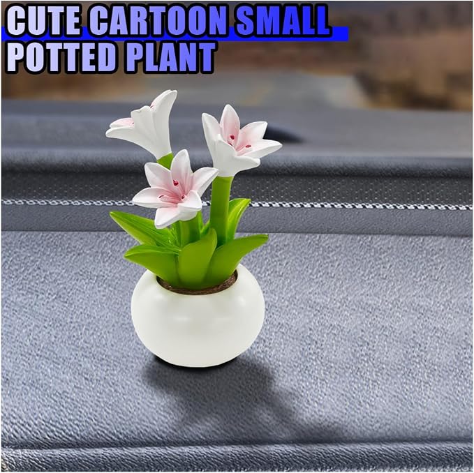 Mini Flower Car Dashboard Decoration - Cute Potted Plant Resin Figurines Car Desk Center Console Decoration - Aesthetic Auto Interior Ornament Accessories Funny Presents for Women (Lily)