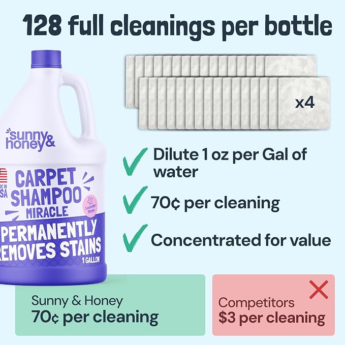 Sunny & Honey Carpet Cleaner Shampoo Solution for Machines, 1 Gal Lavender | USA Made - Stain and Odor Eliminator - Cleans Carpets and Upholstery - For Upright and Spot Cleaners - Concentrated Formula