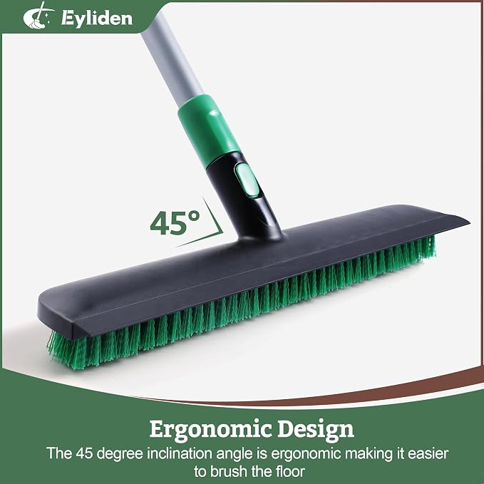 Eyliden Floor Scrub Brush, 15-inch Wide, 55" Long Handle, Deck Scrubber | 2-in-1 Stiff Bristles and Rubber Squeegee, 45° Angle Head, Telescoping Handle, for Bathroom Shower Kitchen Patio Garage