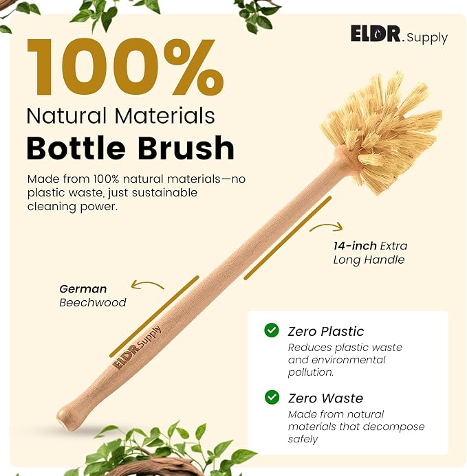 ELDR Supply Bottle Brush, 14in Extra Long German Beechwood Handle, Strong Hemp Bristles, Zero Waste, Cleans and Scrubs Hard to Reach Wide Mouth Jars, Glasses, and Tumblers