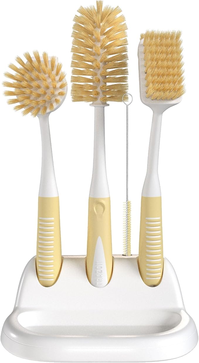 Dish Brush Set of 5 with Holder - Kitchen Scrub Brushes with Non-Slip Long Handle for Cleaning, Scrubber, Dishwashing, Dishes, Bottles, Straws, Cups, Pots & Sink, Baige