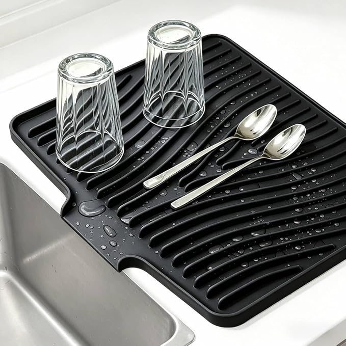 EBIGIC Silicone Dish Drying Mat, 19.7"*17" Dish Drying Pad,Kitchen Accessories,with Built-In and Non-Slip Drain,Easy Clean, Fit for Kitchen, Bar, RV, Refrigerator and Drawer Liner, Black