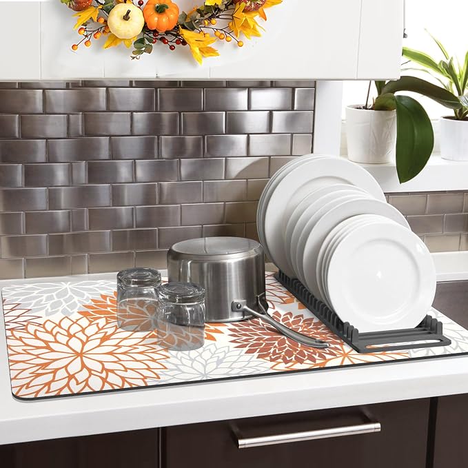 Findosom 2PCS 12" x 20" Fall Dish Drying Mat & 24" x 5.5" Sink Splash Guard, Super Absorbent & Cuttable Dish Mat Drying Kitchen Mat with Orange Floral, Hide Stain Drying Mat for Kitchen Counter