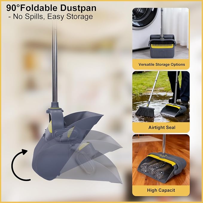 Heavy Duty Broom and Standing Dustpan Combo Set, Rotatable Head Dust Pan and Brush Set with Collapsible Handle, Cleaning Teeth, Hanging Loop, Ideal for Pets, RV, Kitchen, Camping, Outdoor Floor, Gray