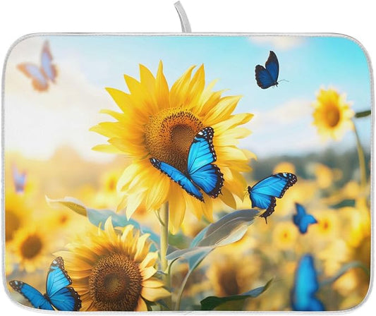 Blooming Sunflowers Blue Butterfly03 Dish Drying Mat for Kitchen Counter Absorbent Microfiber Large Drying Pad Dish Mats for Kitchen Countertops 18 x 24 Inch