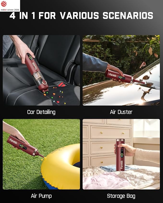 Fanttik Slim V10 APEX Cordless Car Vacuum, 4-in-1 Portable Mini Handheld Vac, 19kPa Suction Power, Upgraded Smart Digital Display, 2 Suction Modes for Small Jobs, Car, Office Desk, Keyboards (Red)