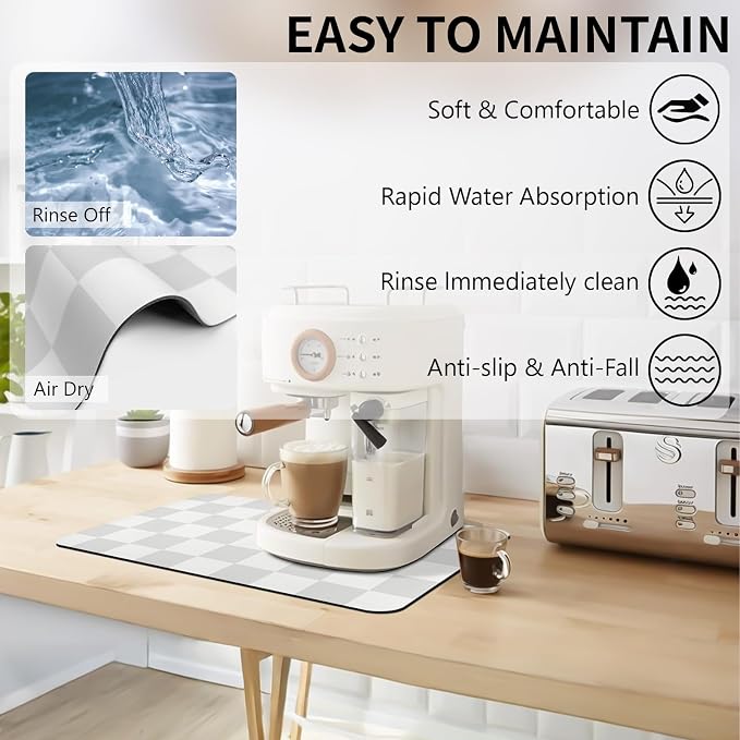 Dish Drying Mat for Kitchen Counter,12"x 19" Super Absorbent Kitchen Dish Drying Pad, Coffee Bar Mat with Rubber Backed, Coffee Bar Accessories for Countertop Dishes Utensils,Grey Checkered