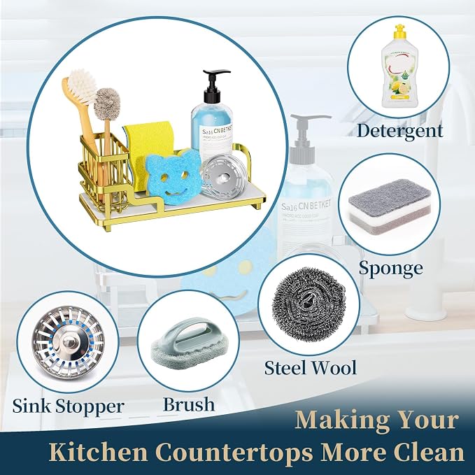 Consumest Sponge Holder for Kitchen Sink - Sink Caddy Organizer with Water Absorbing Stone Tray, Detachable Brush Holder, Stainless Steel Kitchen Counter Organizer Rack, Gold
