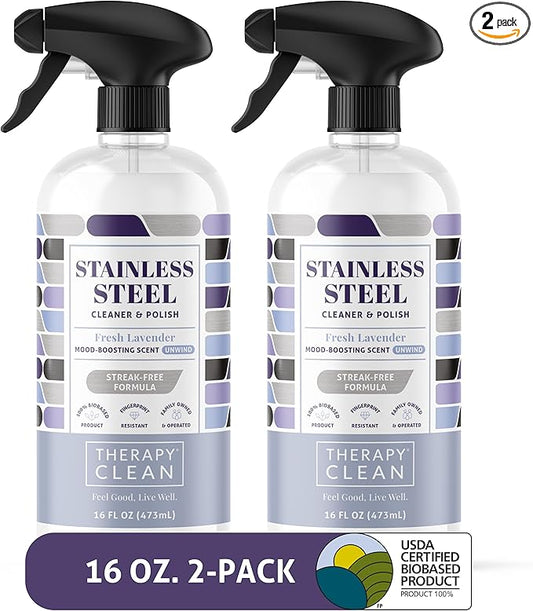 Therapy Stainless Steel Cleaner and Polish, Lavender - Two 16oz Bottles | 100% USDA Biobased. Removes fingerprints & residue. Safe for sinks, grills & appliances. Lavender essential oil scent.