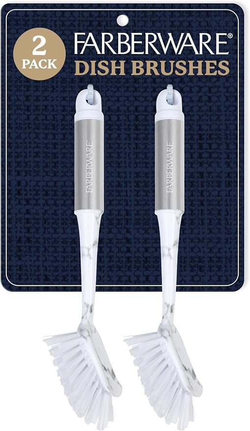 Farberware Dish Brush with Handle, 2 Pack, Firm Bristles | Kitchen scrub brush and dish scrubber removes grease, reaches pot and pan edges, 10in, rectangle head, scraper tip