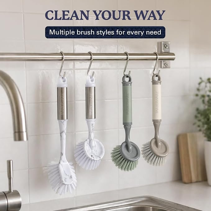 Farberware Dish Brush with Handle, 2 Pack, Firm Bristles | Kitchen scrub brush and dish scrubber removes grease, reaches pot and pan edges, 9in, round head, soft-grip design