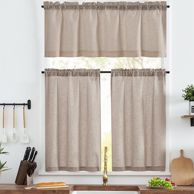 jinchan Lien Tier Curtains and Valances, 26x24, 3 Panels, Crude | Light filtering, rod pocket, cafe curtains, farmhouse, machine washable, small window decor, kitchen, laundry room, RV