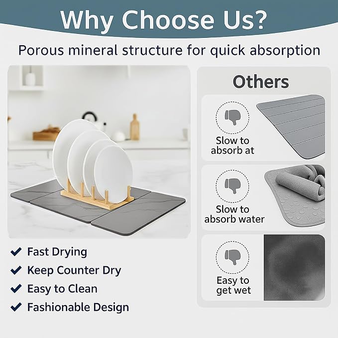 Stone Drying Mat for Kitchen Counter | 19.7"×14.7" Diatomaceous Earth Dish Drying Mat, Absorbent Drying Stone Mat for Modern Kitchen Countertop