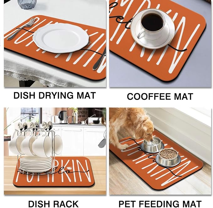 Fall Dish Drying Mat 2-Pack Orange Pumpkin for Kitchen Counter Dishes Mat | Diatom Mud Mats (18x24, 19.5x12"). Non-slip rubber back for kitchen counter, coffee bar & sink scenes