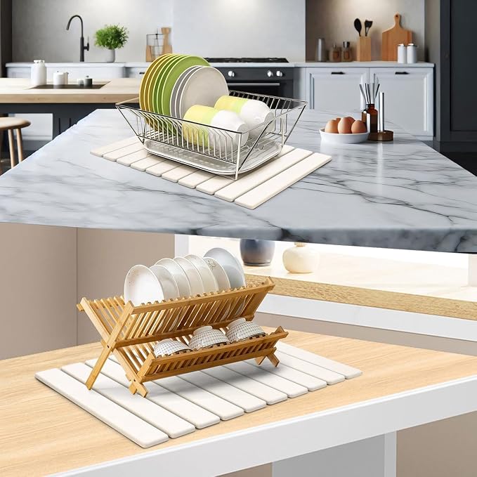 Large Stone Dish Drying Mat for Kitchen Counter, 24"(L)×16"(W), Collapsible Quick Drying Mat, Absorbent Eco-Friendly Diatomaceous Earth Mats for Dishes and Bottles, Match Any Countertop【White】