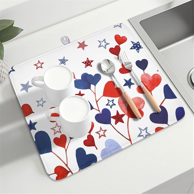 4th of July Dish Drying Mat for Kitchen Counter Patriotic Red Blue Star Love Heart Pattern Microfiber Dish Drainer Mat Independece Day Absorbent Washable Drying Pad 16"x18"
