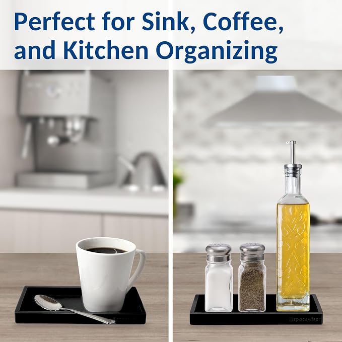 Spacewiser Countertop and Vanity Tray – Small 7.7” Silicone Tray, Soap Dispenser Trays, Bathroom Trays, Kitchen Soap Holder Sink Organizer Counter Caddy for Soaps Bottle Keys, Sponge Holder Dish Black