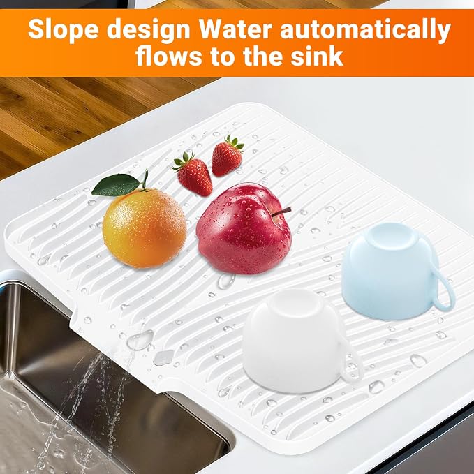 Silicone Dish Drying Mat for Kitchen counter, 19.7"x17" Extra Large Non-Slip Drain Pad with Built-in Drainage, Heat Resistant Dishwasher Safe, Ivory