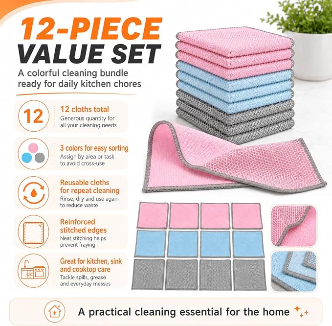 12Pack Upgrade Multi-Purpose Wire Dishcloths, Double-Side Non Scratch Wire Dishcloth, Silver Mesh Dish Cloths, Reusable Metal Mesh Cleaning Cloths, Mesh Scrub Cloths for Kitchen/Stove/Oven
