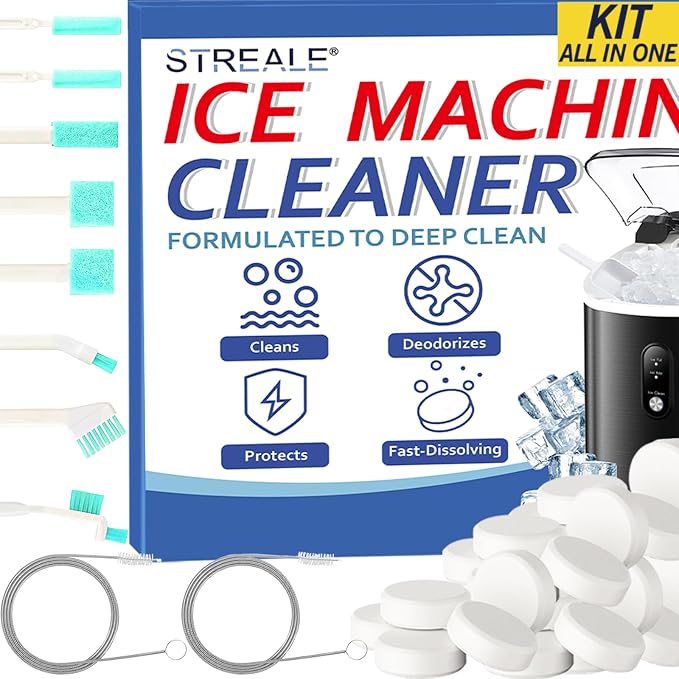 Ice Machine Cleaner Kit - 30Pack Ice Maker Cleaner Tablets - 10Pcs Pipe & Crevice Brush Set - Commercial & Portable Countertop Icemaker Cleaning Solution