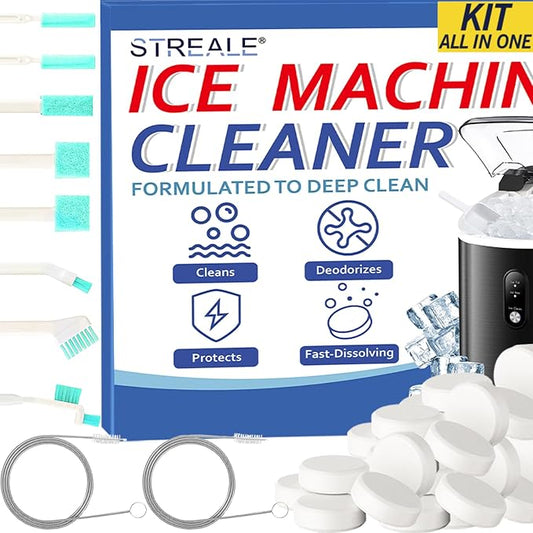 Ice Machine Cleaner Kit - 30Pack Ice Maker Cleaner Tablets - 10Pcs Pipe & Crevice Brush Set - Commercial & Portable Countertop Icemaker Cleaning Solution