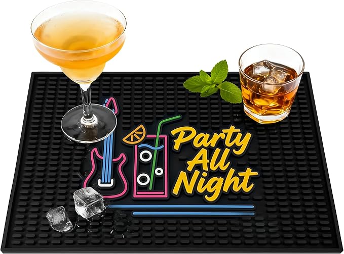 Neon Tiki Black Bar Mat 18 x 12 Inch - Thick Rubber Bar Mats for Countertop and Bartending - Professional Bar Spill Mat for Home Bar Accessories, Bar Cart Decor and Bartender Accessories （CYKH）