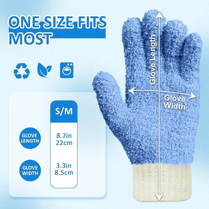 MIG4U Microfiber Dusting Gloves House Cleaning Glove for Blinds, Windows, Shutters, Furniture, and Car, Reusable Lint-Free Blue 2 Pairs S/M