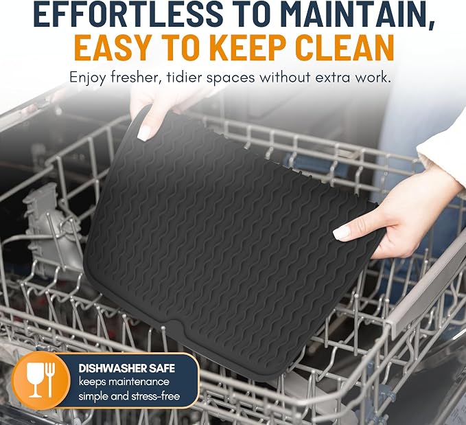 Silicone Dish Drying Mat for Kitchen Counter - Multi-Use 18 x 16 Inch Pad, Non-Slip & Heat-Resistant, Perfect Dish Drainer Mat by Linda’s Essentials, Ideal Kitchen Accessory (Black)