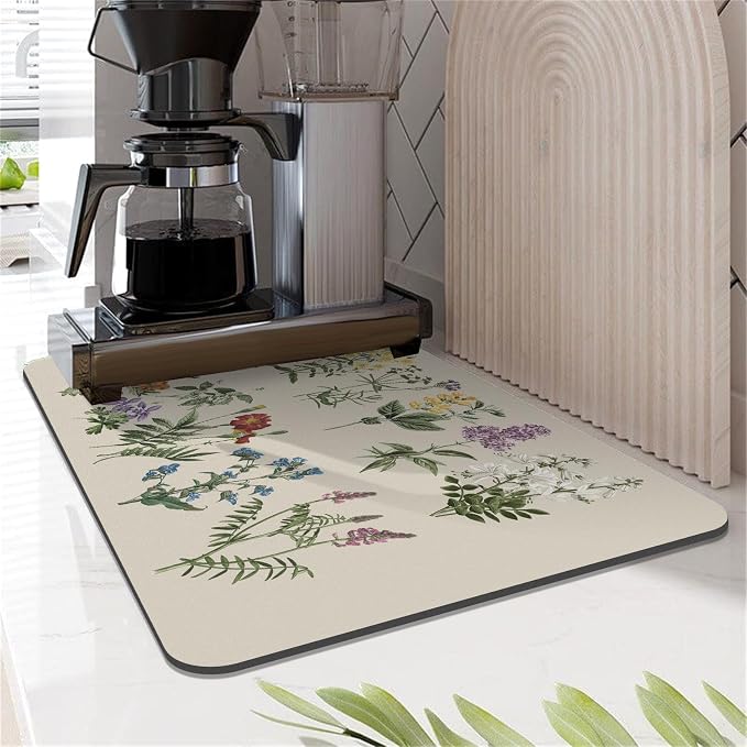 LOKHOM Dish Drying Mat for Kitchen Counter, 12"x20" Absorbent Coffee Bar Mat with Vintage Sage Flower Herbs, Dish Drainer Rack Mat for Kitchen Counter