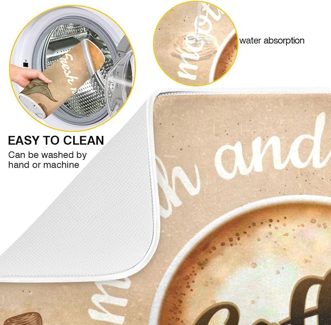 Super Absorbent Dish Drying Mat, Microfiber Fast-Drying Dish Mat, 24" x 18", Kitchen Dish Drying Pad, Coffee Cup Retro Brown