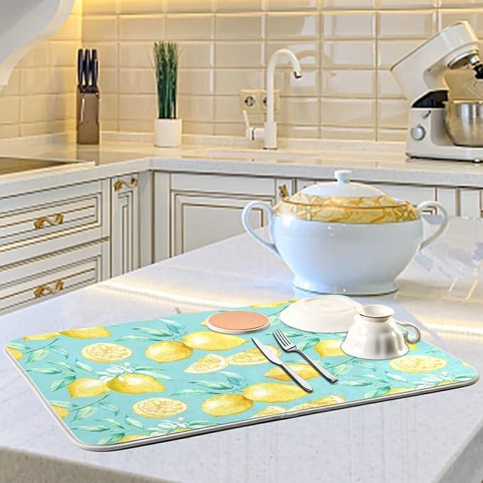 Absorbent Dish Drying Mat for Kitchen Counter - Yellow lemon teal background Microfiber Drying Pad, Reversible Drainer Mats for Countertop, Medium 16 x 18 inch