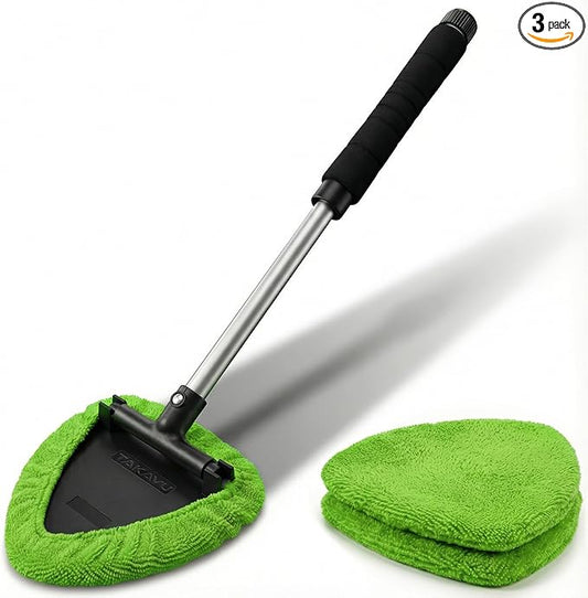 TAKAVU Window & Windshield Cleaner, Extendable, 3 Microfiber Pads (Green) | Pivoting Triangle Head Wiper Cleans Interior & Exterior Glass, 3 Washable Reusable Bonnets, Lint-Free