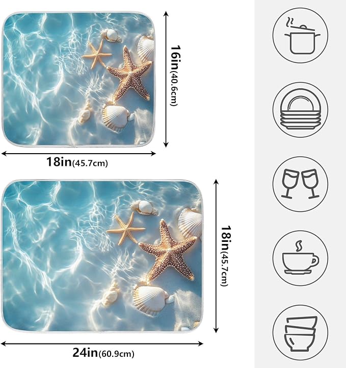 Starfish and Seashell on The Summer Beach Dish Drying Mat for Kitchen Counter Absorbent Microfiber Small Drying Pad Dish Mats for Kitchen Countertops 16 x 18 Inch