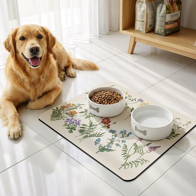 LOKHOM Dish Drying Mat for Kitchen Counter, 16"x20" Absorbent Coffee Bar Mat with Vintage Sage Flower Herbs, Dish Drainer Rack Mat for Kitchen Counter