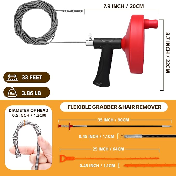 Drain Auger 33 ft, Plumbing Snake Hair Clog Remover Drain Snake Flexible Grabber Heavy Duty Sink Cleaner Tools for Shower Bathtub Bathroom Kitchen Pipe, Red