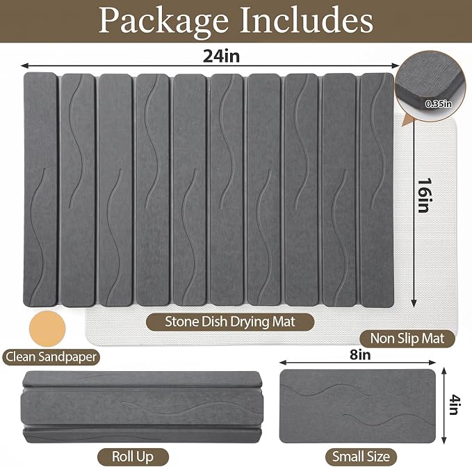 Large Stone Dish Drying Mat for Kitchen Counter, 2PCS Quick Dry Stone Dishes Mat, Foldable Water Absorbing Diatomaceous Drying Organizer Pad for Plates Rack Bottles Utensils(Wave, 24"×16" & 8"x4")