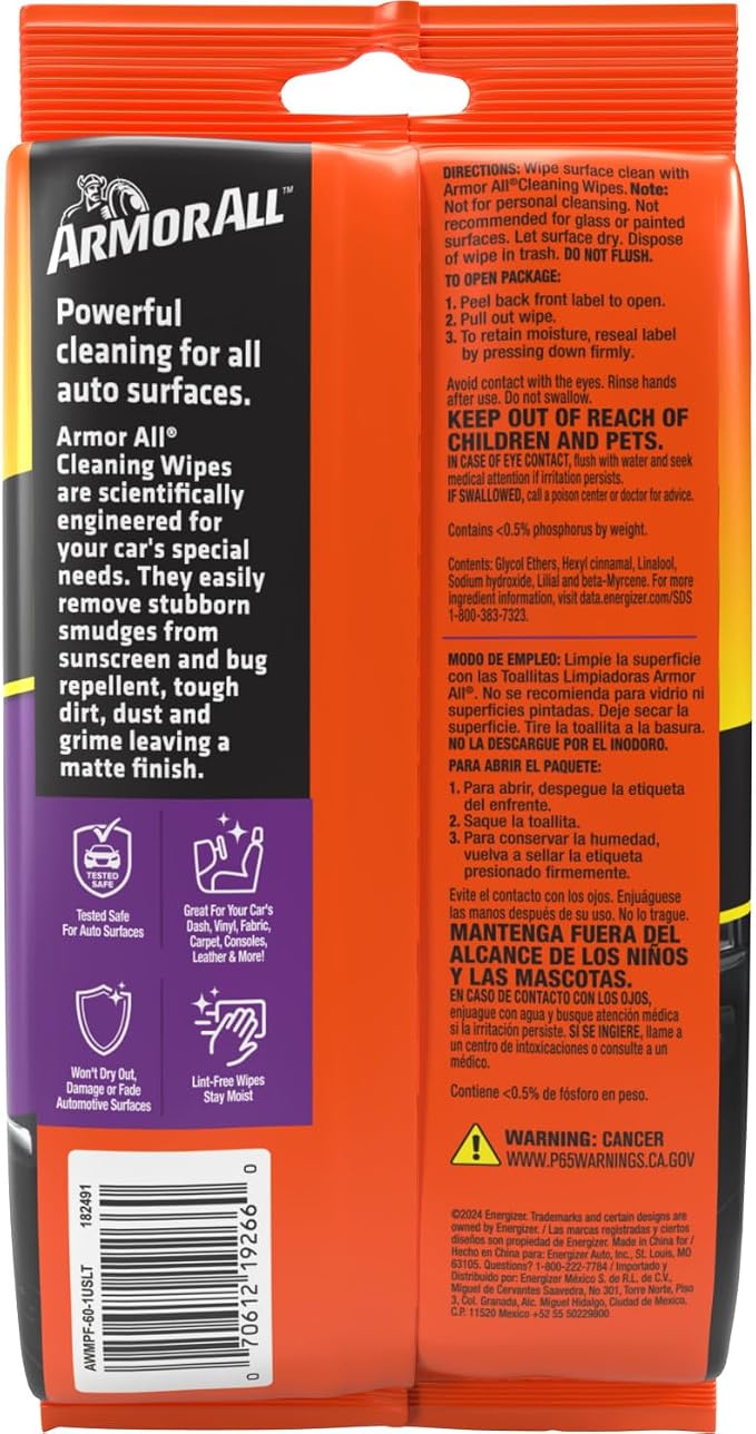 Armor All Car Interior Cleaner Wipes, Interior Cleaning Wipes for Cars, Trucks, Motorcycles, 60 Each (Pack of 6)