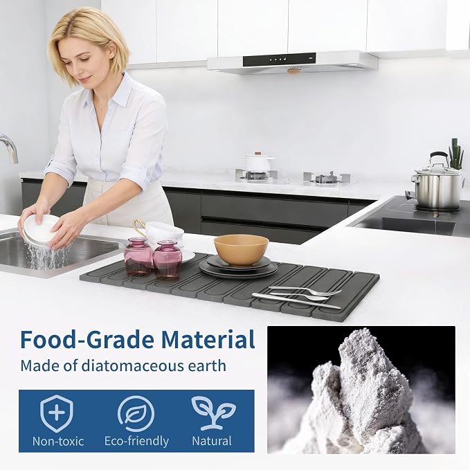 Hopegiver Stone Drying Mat for Kitchen Counter, 24" x 16" Quick Dry Diatomaceous Earth Dish Drying Mat, Super Absorbent, Non-Slip & Foldable, Modern Gray Carve Countertop Mat (GrayCarve,24''x16'')